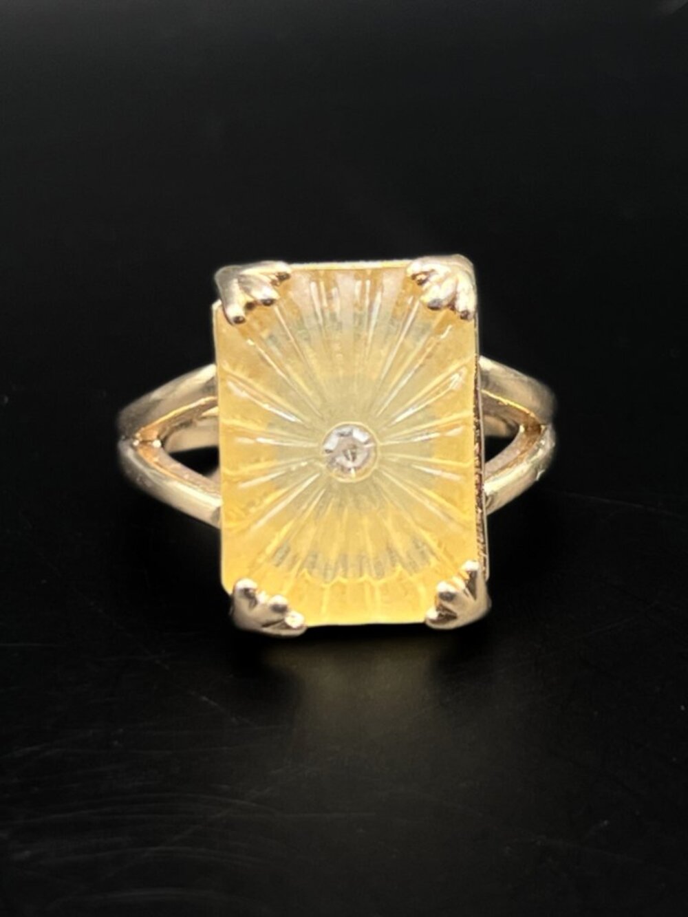 Vintage Lemon Faux Camphor Glass Ring Frostlights Gold-Plated Metal Size 10.5
